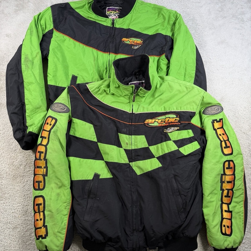 VTG Arctic Cat Jacket Mens Medium Green Black 3 in 1 Racing Checkered Snowmobile